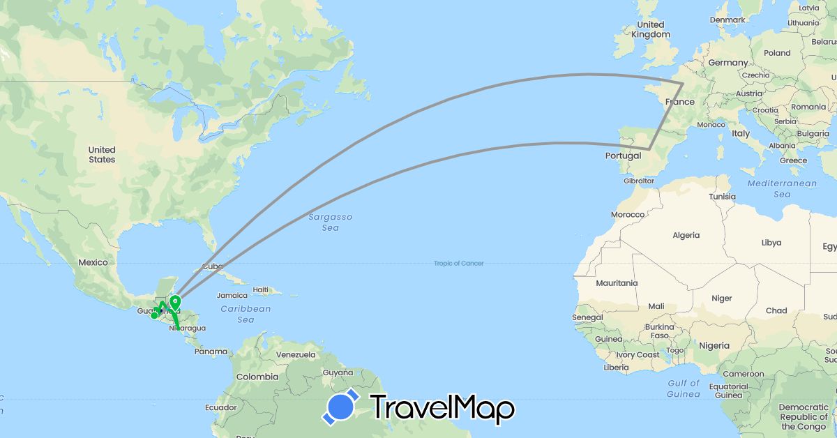 TravelMap itinerary: driving, bus, plane, boat in Spain, France, Guatemala, Honduras, Nicaragua (Europe, North America)